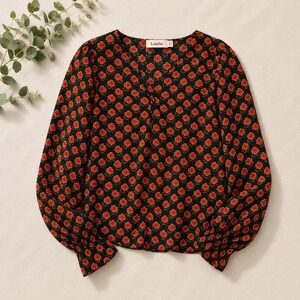 Louche Irena Peach Pansy Blouse Size 10 Black Floral V-Neck Long Sleeve Top
